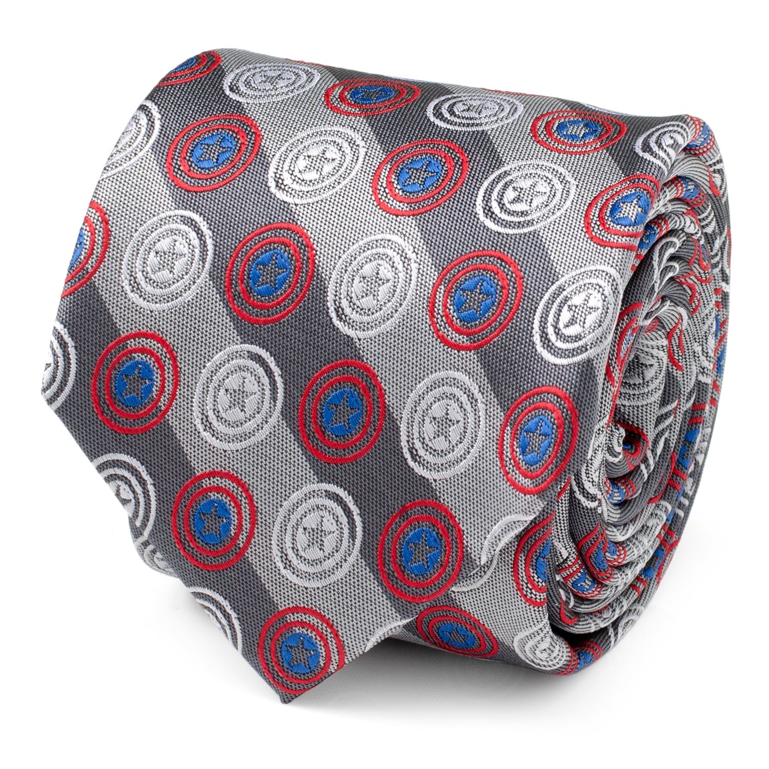 Captain America shield pattern tie in slate gray and silver diagonal stripes.