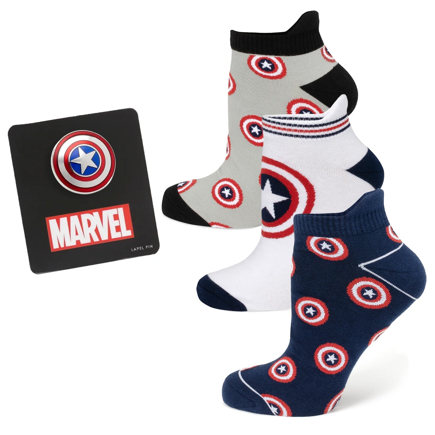 A 3-pack of Marvel Captain America ankle socks in grey, white, and navy blue, alongside a Captain America shield lapel pin.
