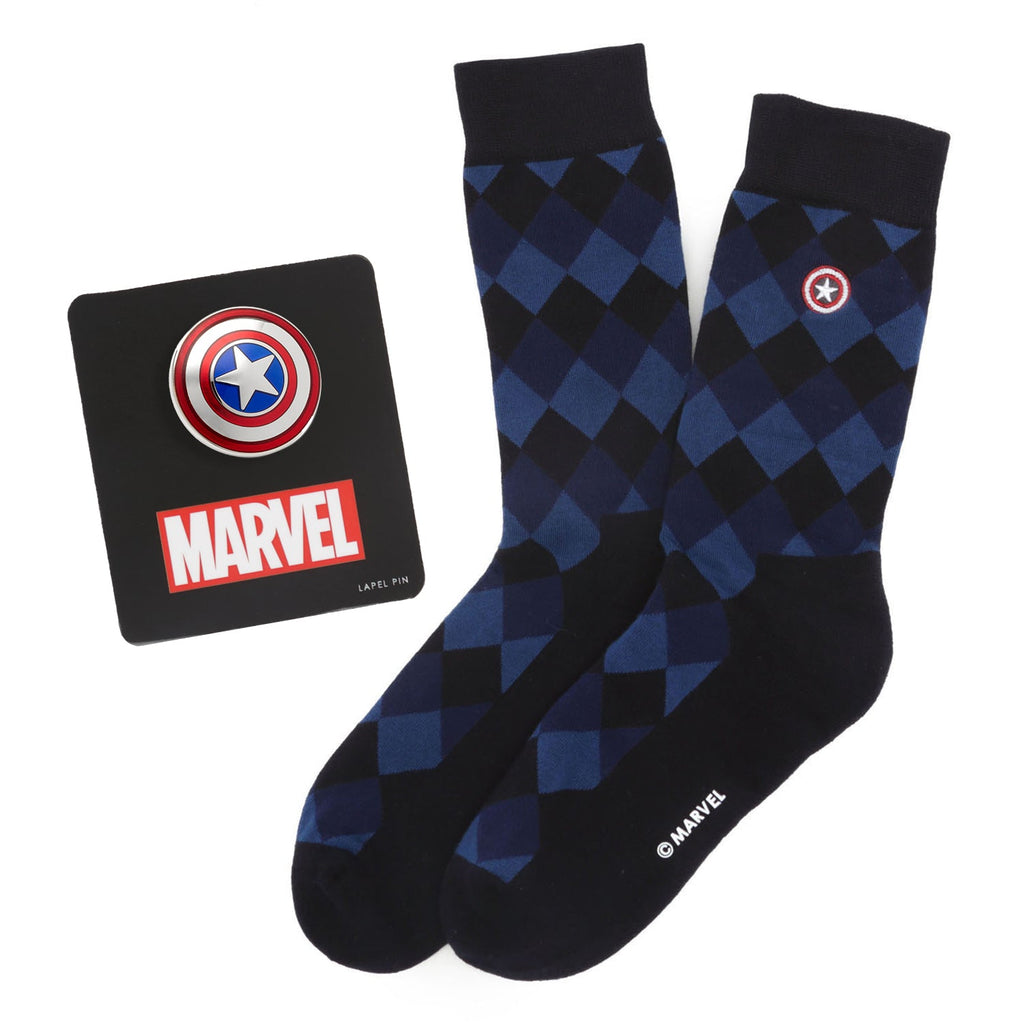 Captain America themed blue and black argyle socks paired with a Marvel shield lapel pin.