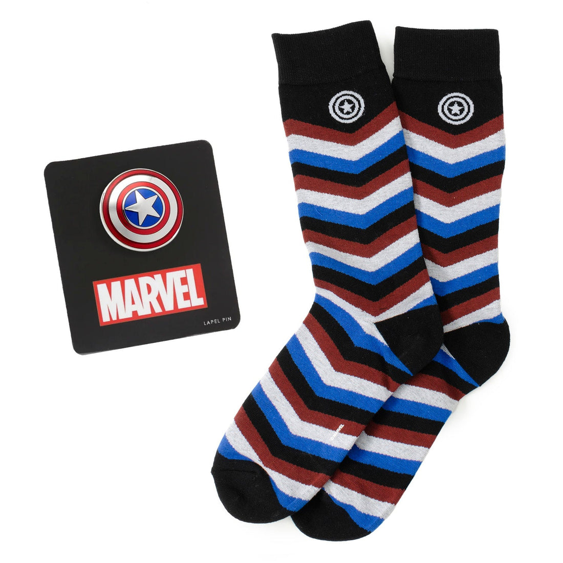 Captain America themed men's socks with a chevron stripe pattern and a matching Captain America shield lapel pin.