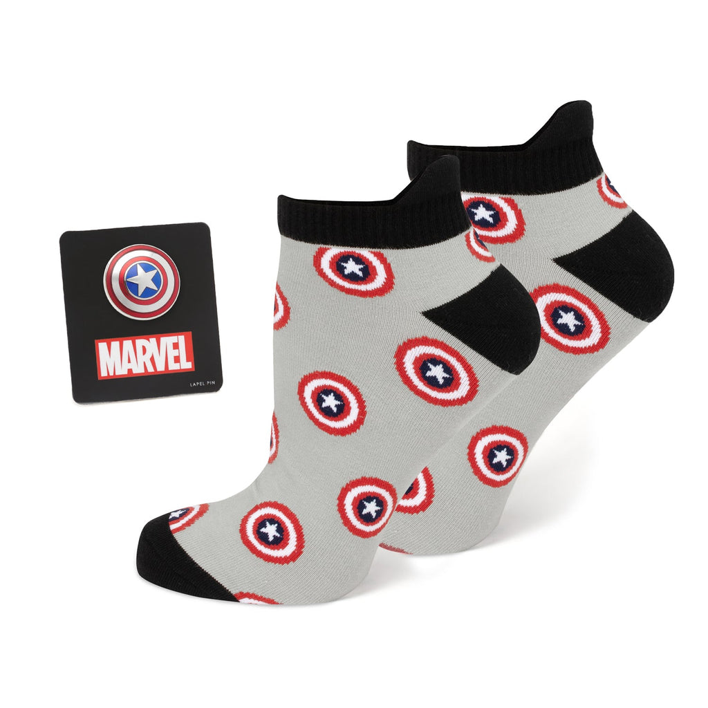 A pair of gray Captain America ankle socks with a shield pattern and a matching Captain America shield lapel pin.