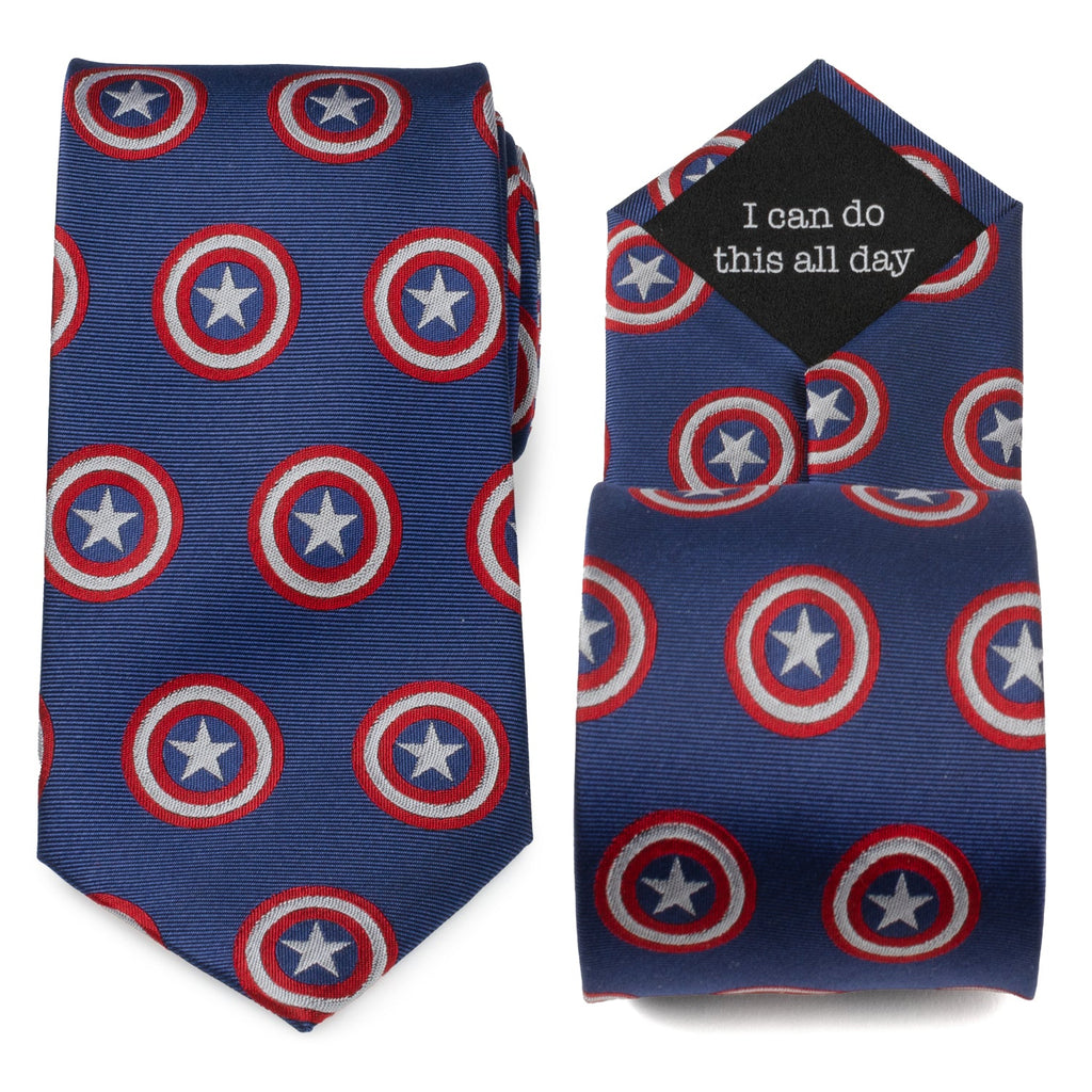 Close up of a blue Marvel Captain America shield necktie next to the reverse side showing the hidden message I Can Do This All Day.