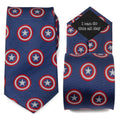 Close up of a blue Marvel Captain America shield necktie next to the reverse side showing the hidden message I Can Do This All Day.