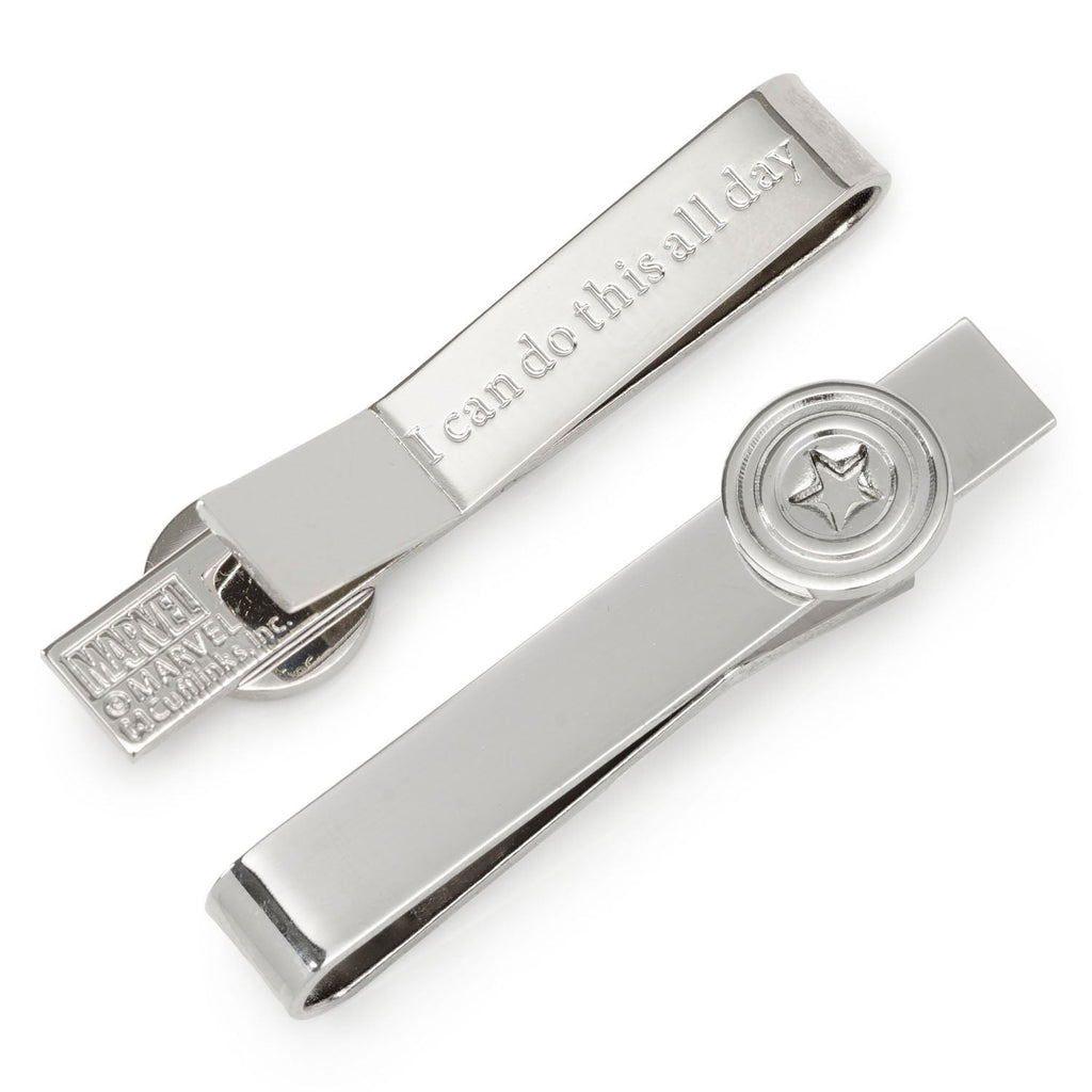 A silver-tone Marvel Captain America tie bar with a shield emblem on the front and a hidden engraved message on the back.