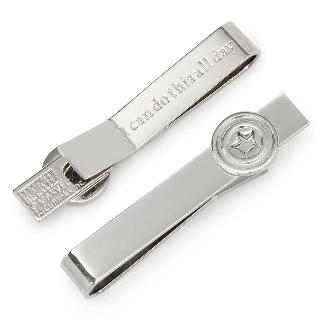 A silver-tone Marvel Captain America tie bar with a shield emblem on the front and a hidden engraved message on the back.