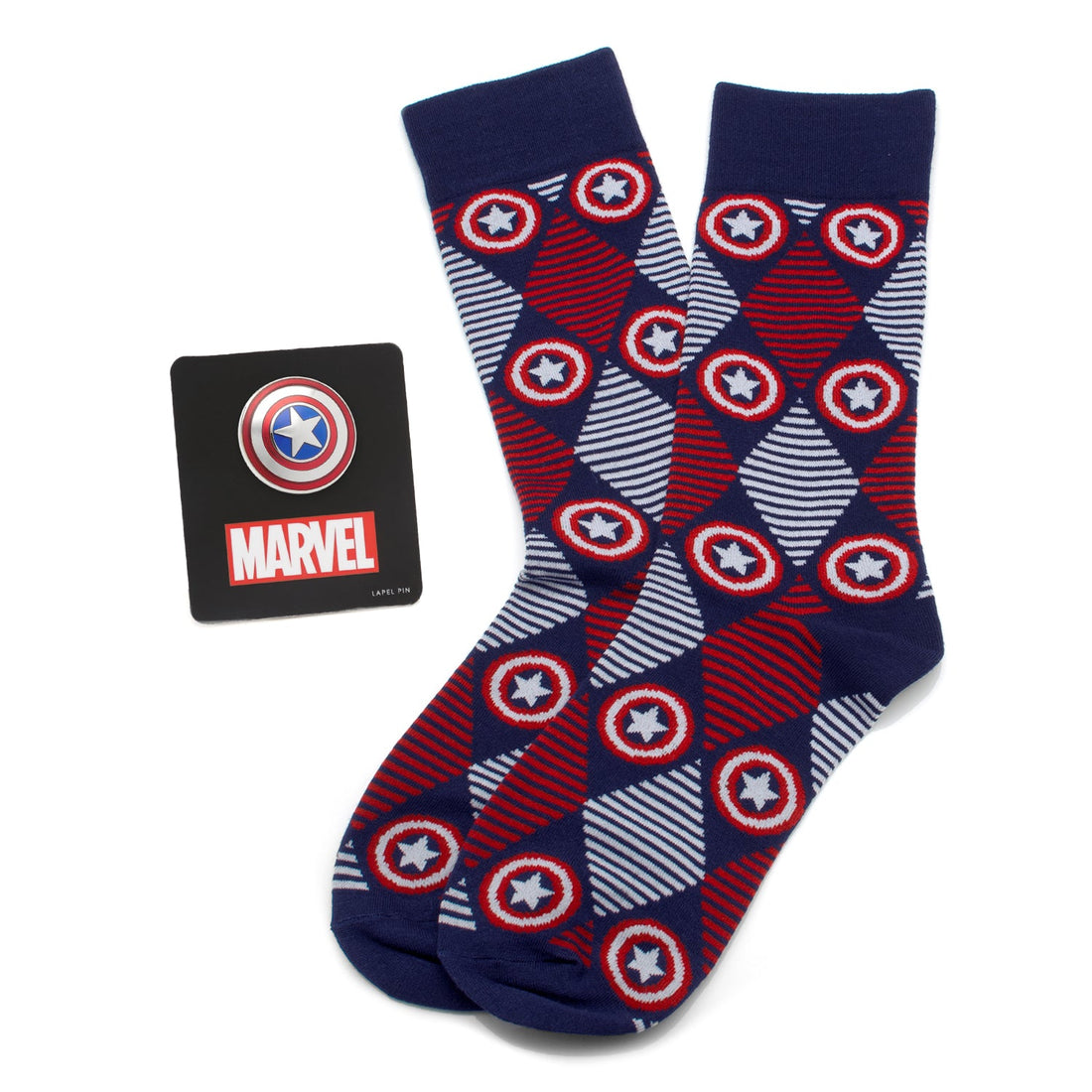 Captain America themed navy blue argyle socks featuring shield patterns next to a Captain America shield lapel pin.