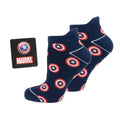 Captain America themed navy ankle socks with shield pattern next to a matching Captain America shield lapel pin.
