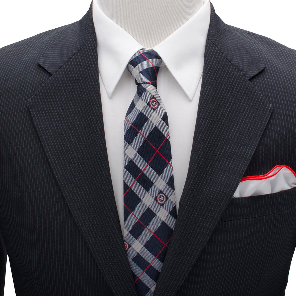 Captain America Shield Plaid Silk Tie in Blue Red and White