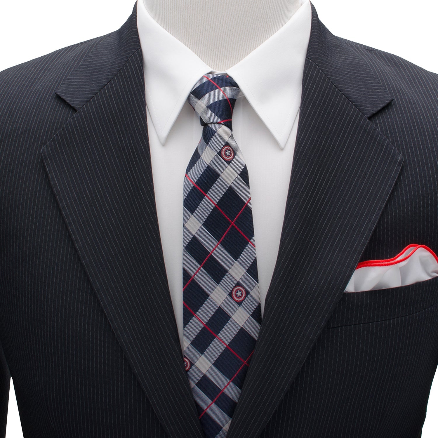 Captain America Shield Plaid Silk Tie in Blue Red and White