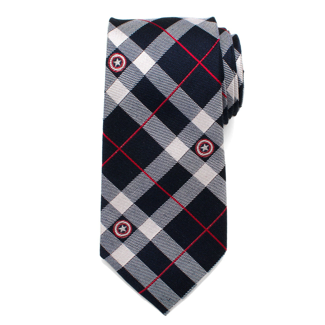 Captain America Shield Plaid Silk Tie in Blue Red and White
