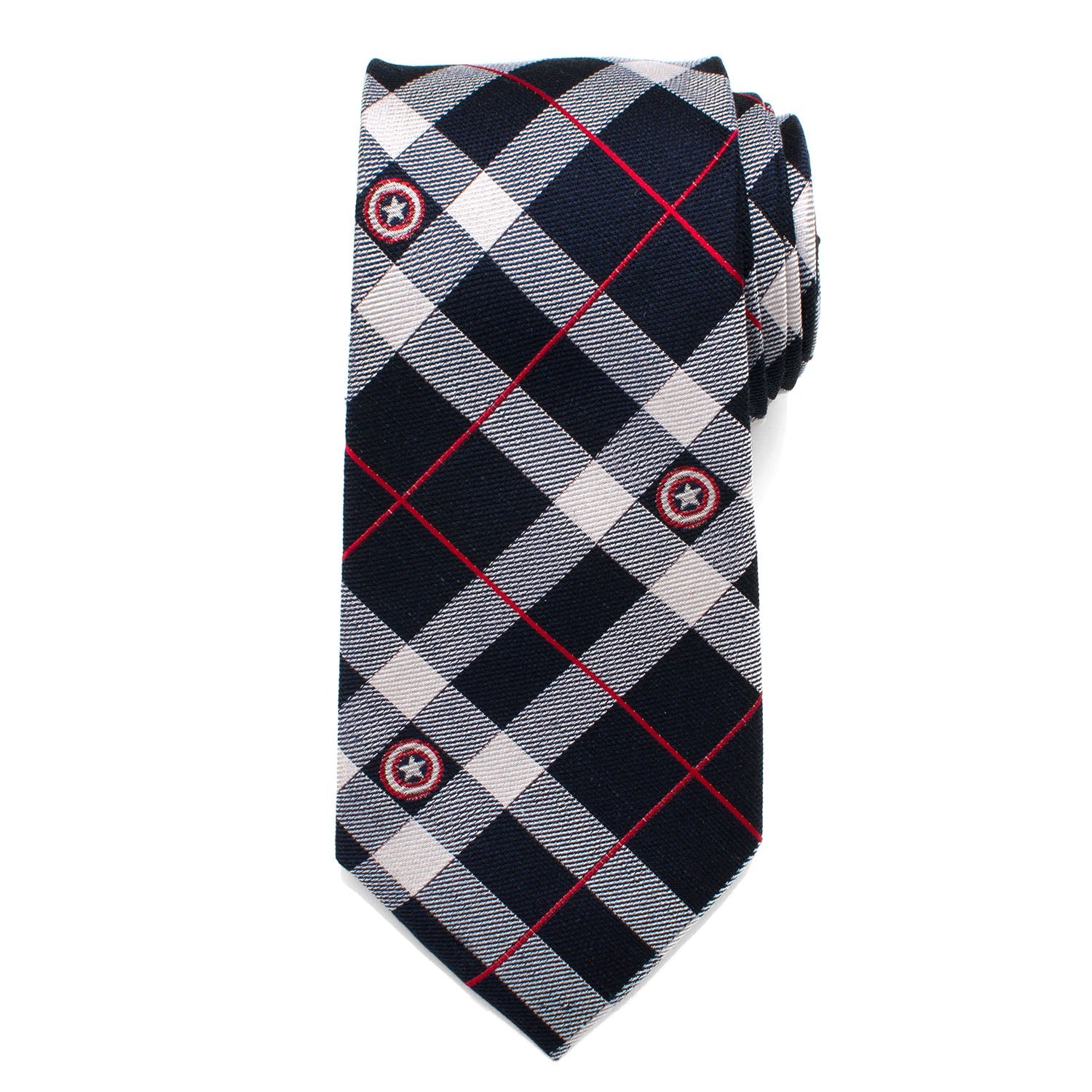 Captain America Shield Plaid Silk Tie in Blue Red and White