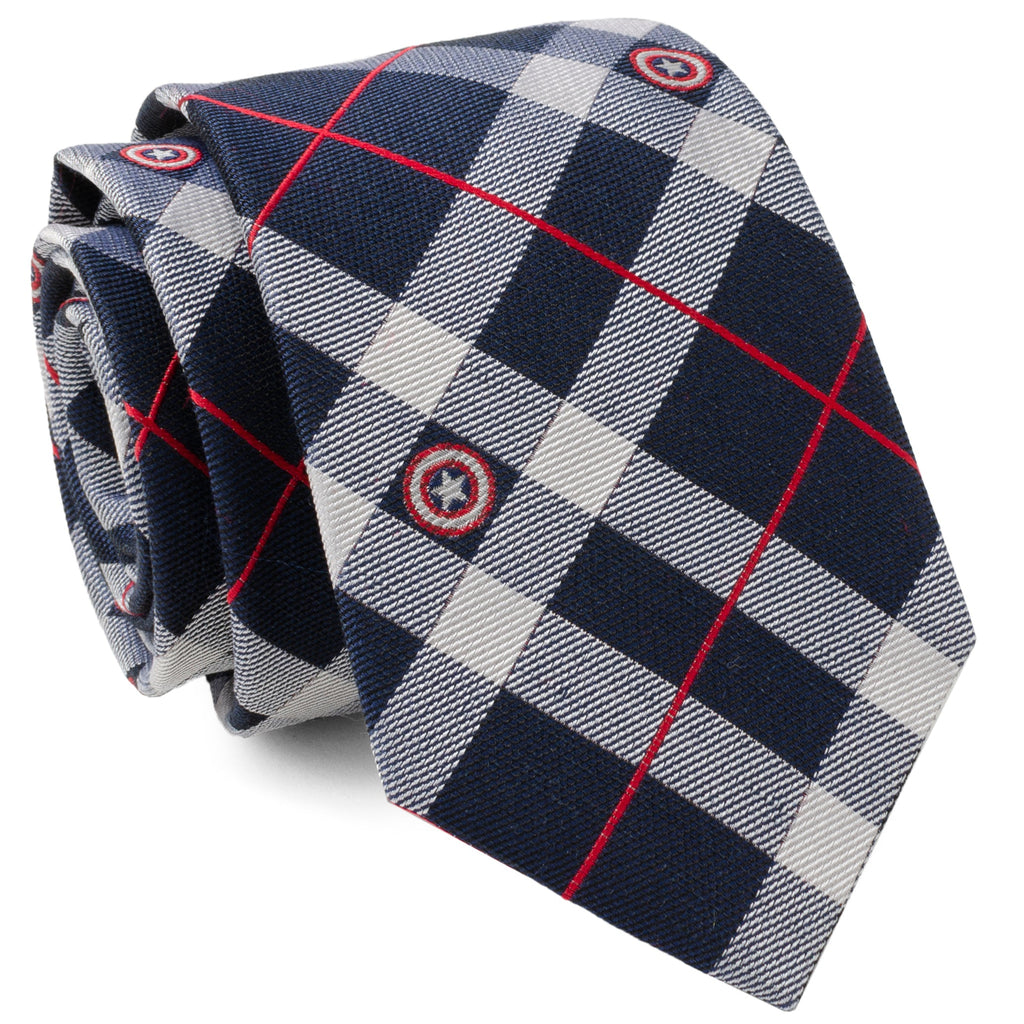 Captain America Shield Plaid Silk Tie in Blue Red and White
