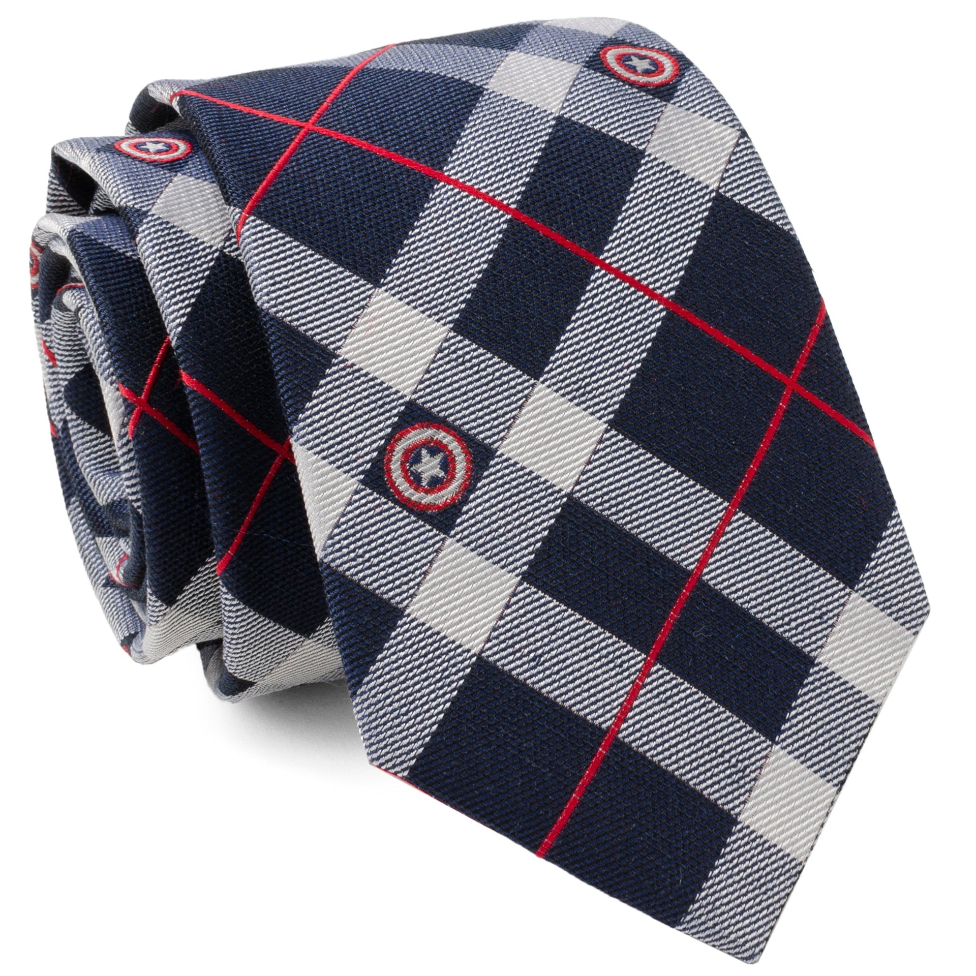 Captain America Shield Plaid Silk Tie in Blue Red and White