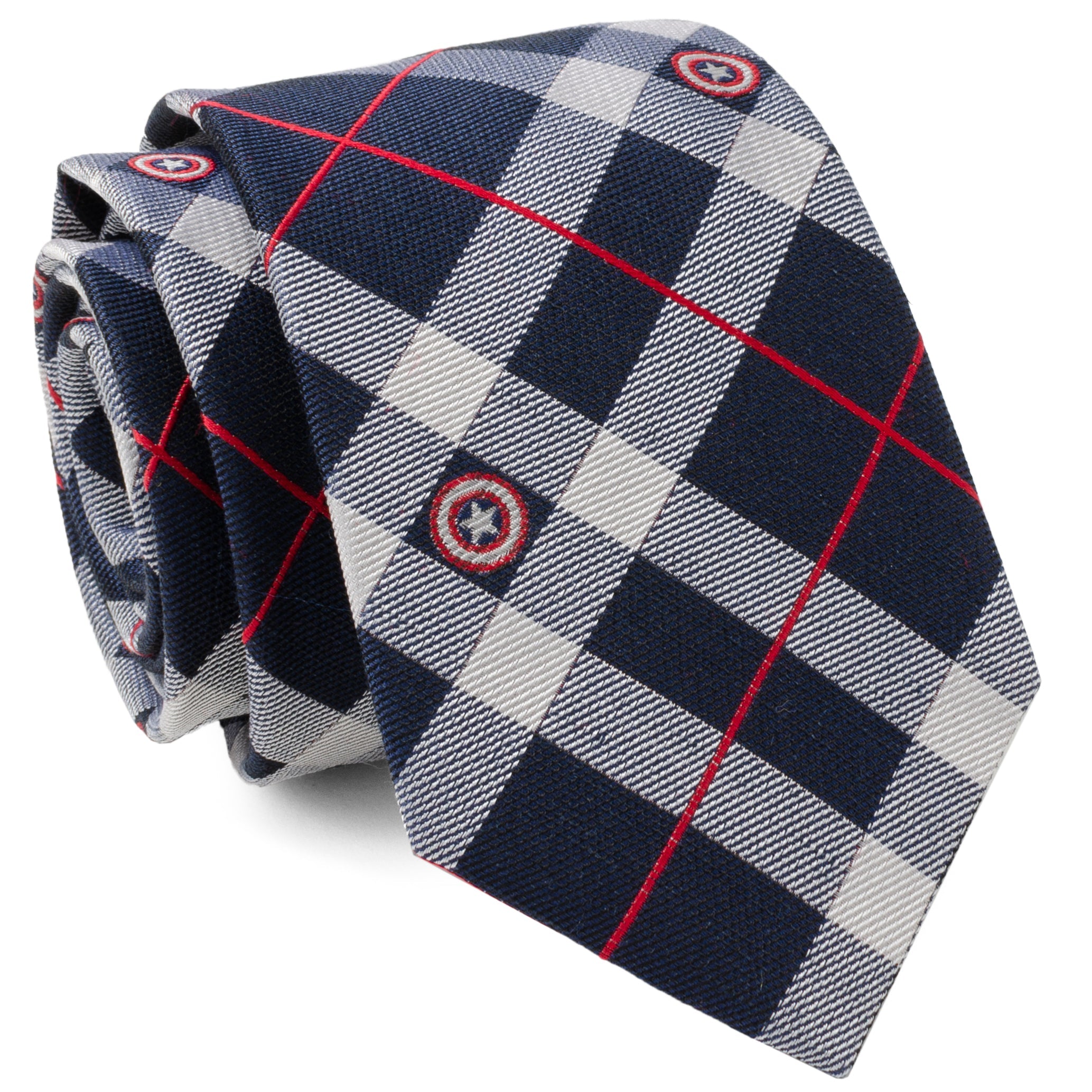 Captain America Shield Plaid Silk Tie in Blue Red and White
