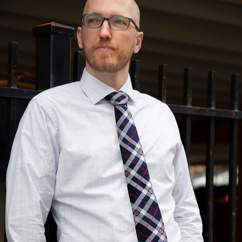 Captain America Shield Plaid Silk Tie in Blue Red and White