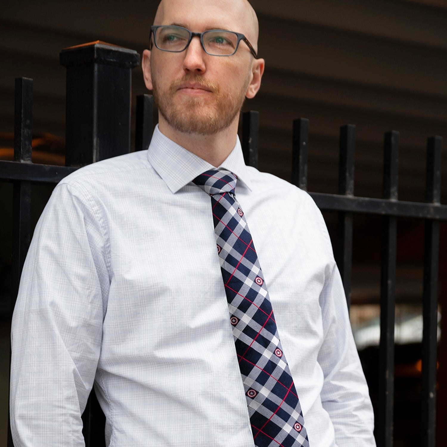 Captain America Shield Plaid Silk Tie in Blue Red and White