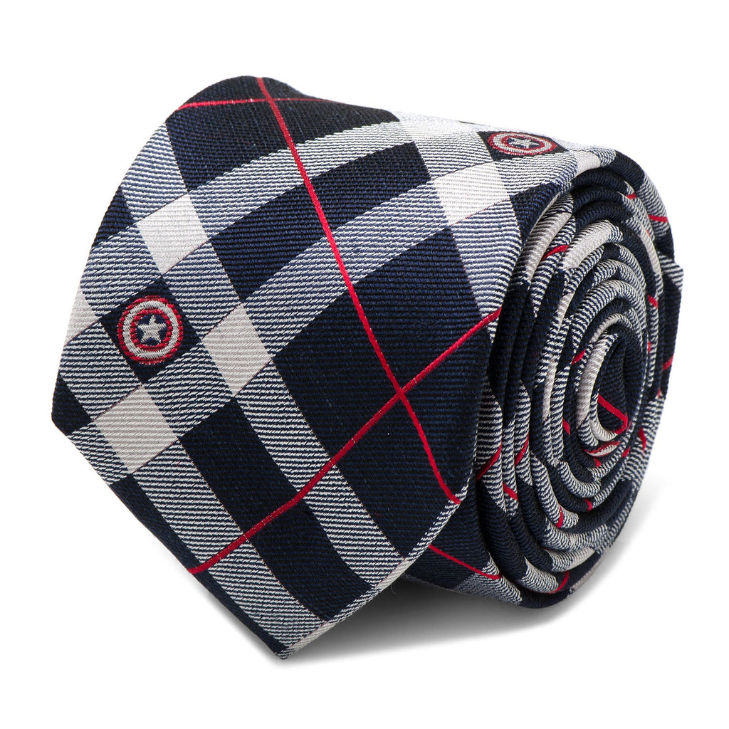 Captain America Shield Plaid Silk Tie in Blue Red and White