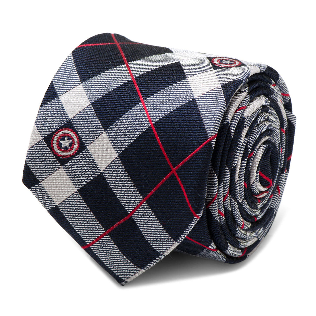 Captain America Shield Plaid Silk Tie in Blue Red and White