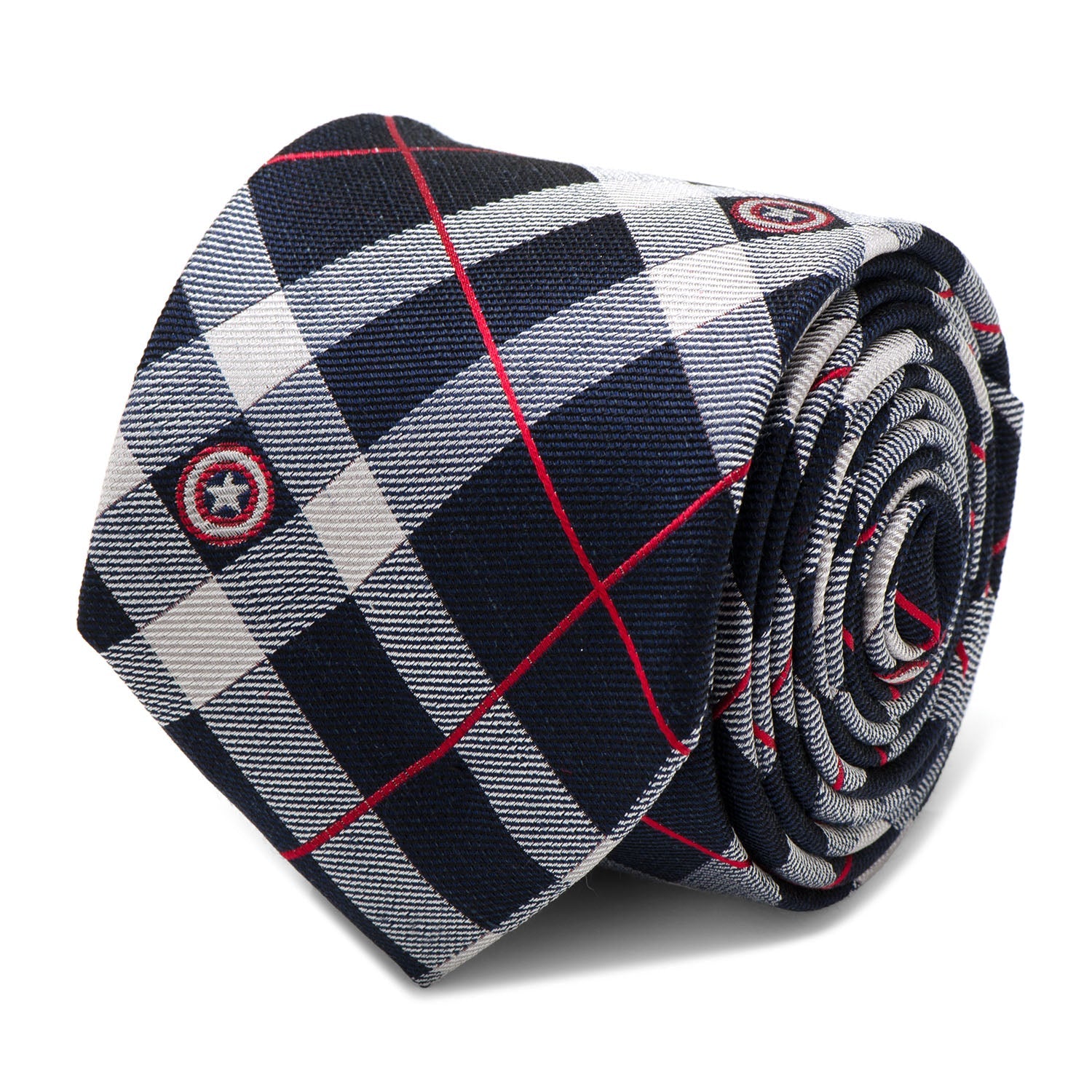 Captain America Shield Plaid Silk Tie in Blue Red and White