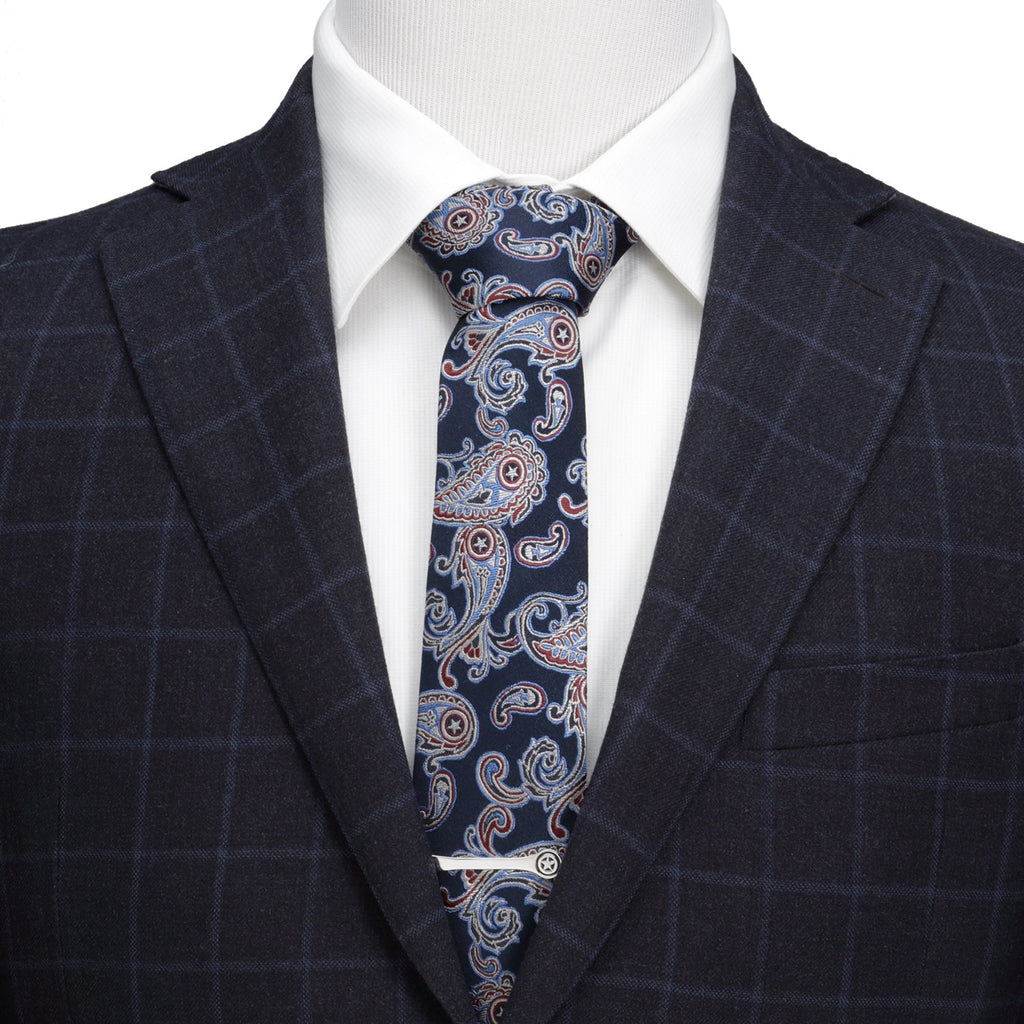 Captain America Paisley Men's Tie in Navy Red and Blue Silk - Image 2
