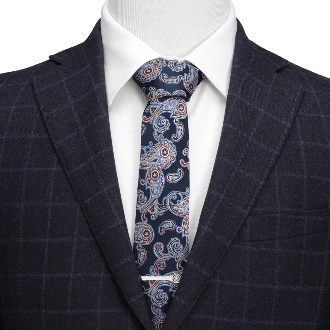 Captain America Paisley Men's Tie in Navy Red and Blue Silk - Image 2