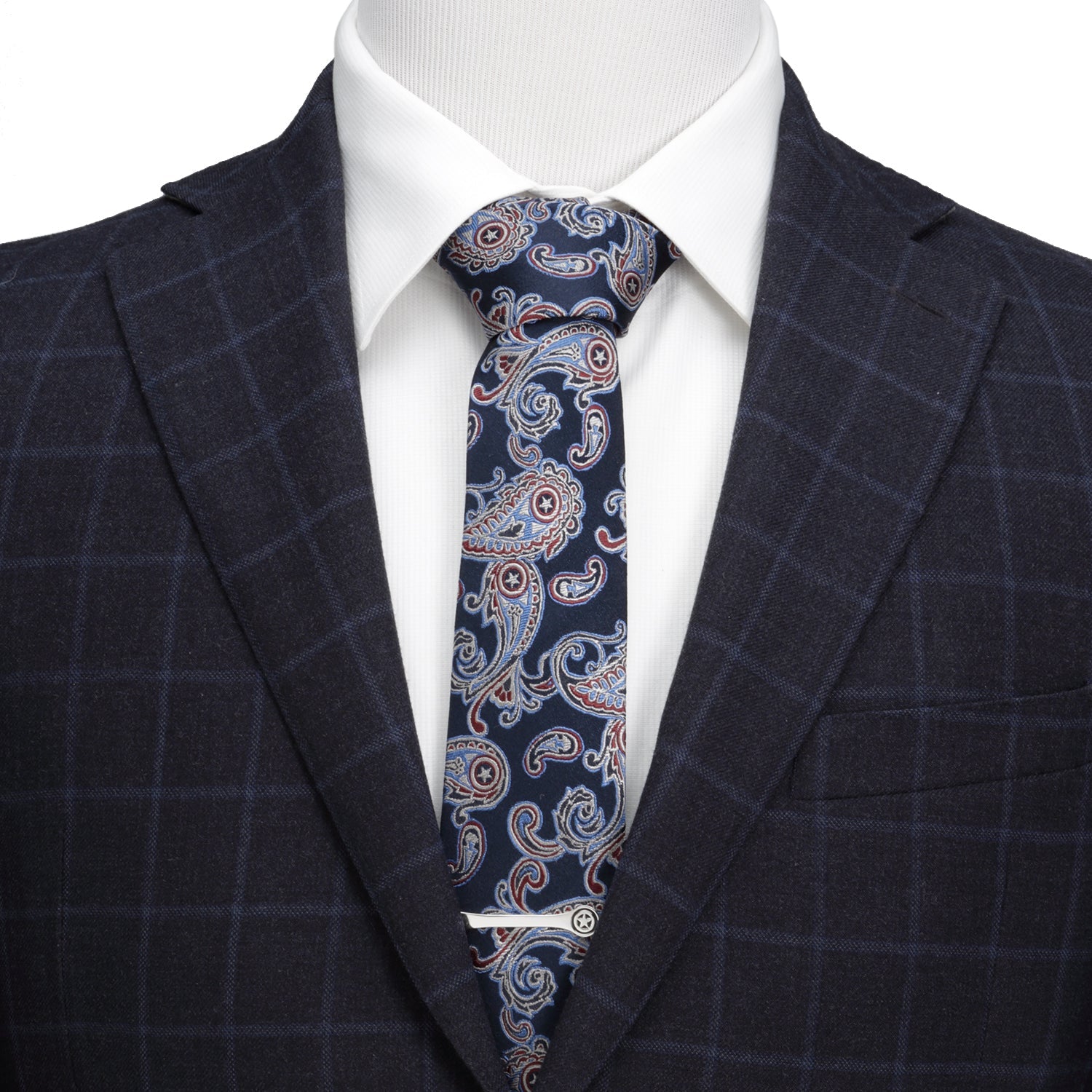 Captain America Paisley Men's Tie in Navy Red and Blue Silk - Image 2