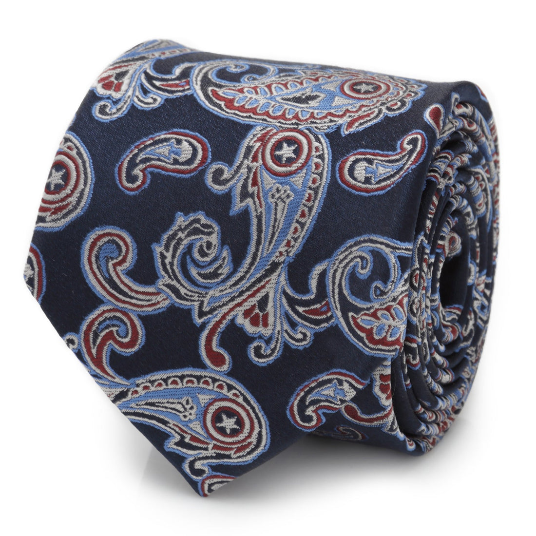Close-up of a navy silk necktie with a red and blue paisley pattern featuring hidden Captain America shield logos