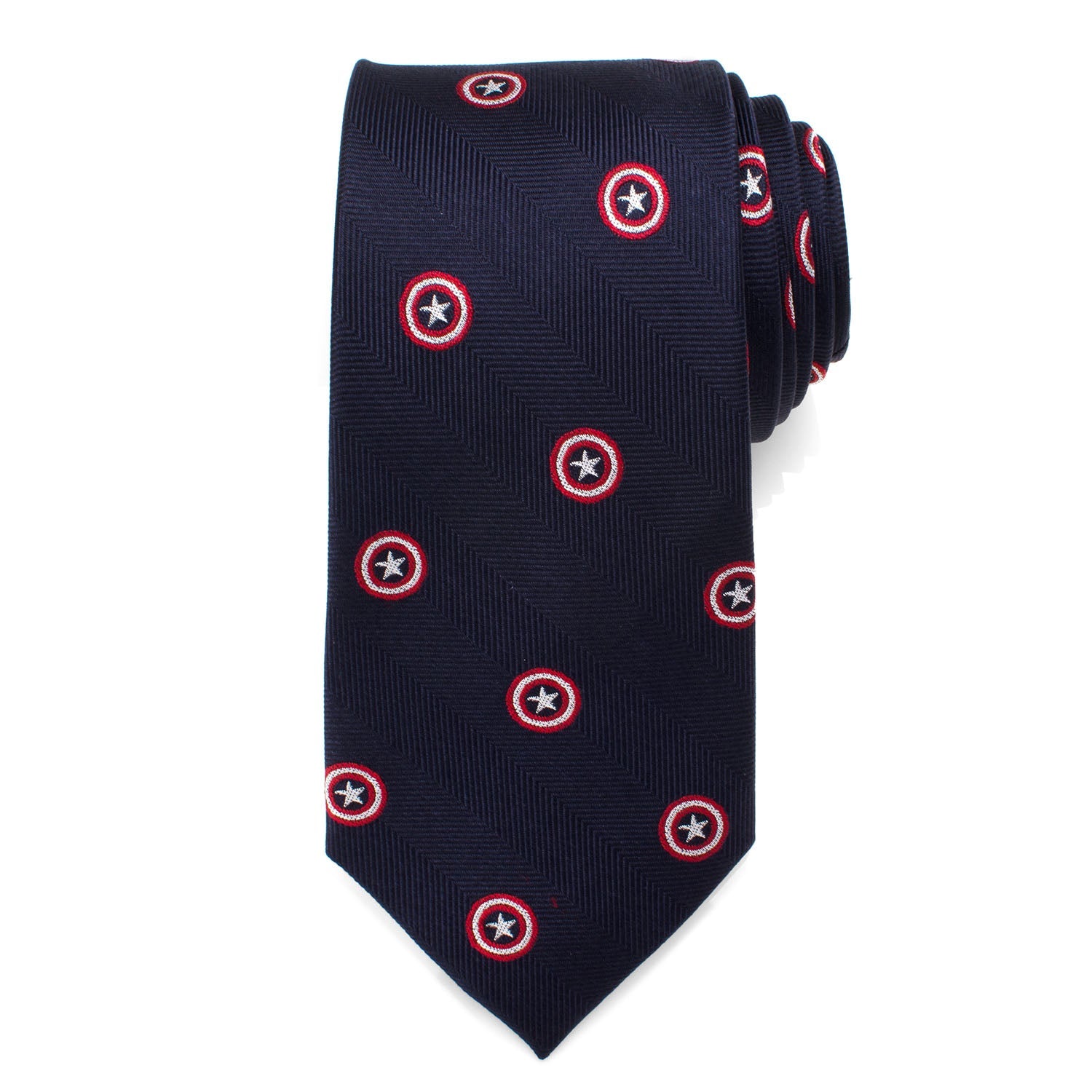 Close up of a navy blue necktie featuring small embroidered Captain America shield icons and a subtle herringbone texture.