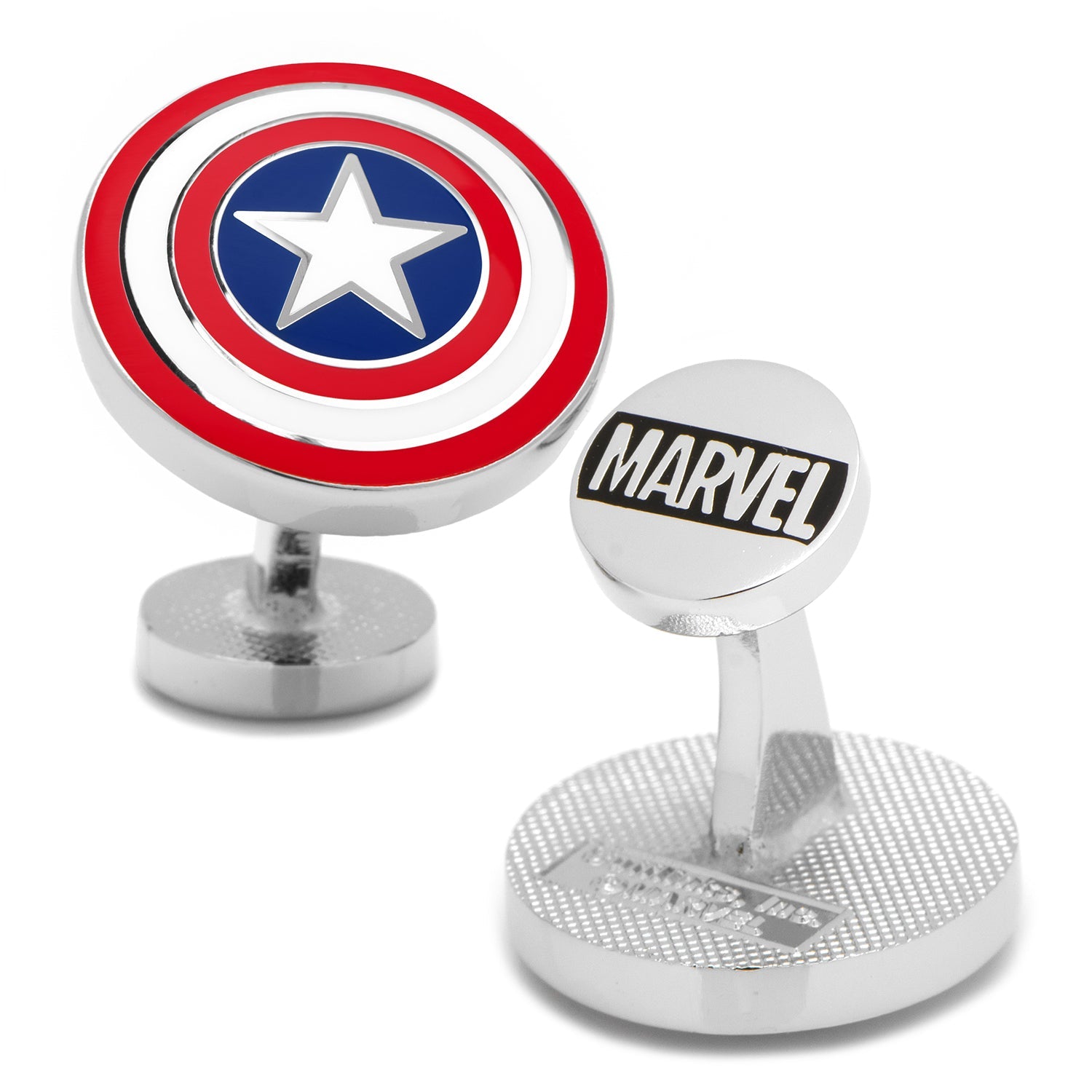 A pair of round Marvel Captain America shield cufflinks in red, white, and blue enamel on a polished silver-tone base.