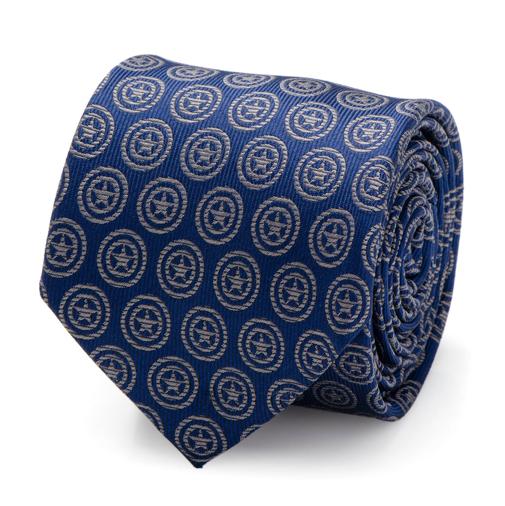 Close up of a navy blue silk necktie with silver Captain America shield pattern and a shot of the tie worn with a dress shirt.
