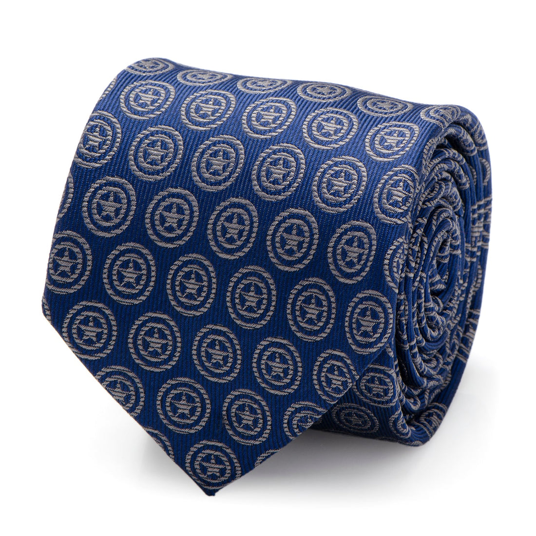 Close up of a navy blue silk necktie with silver Captain America shield pattern and a shot of the tie worn with a dress shirt.