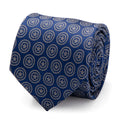 Close up of a navy blue silk necktie with silver Captain America shield pattern and a shot of the tie worn with a dress shirt.