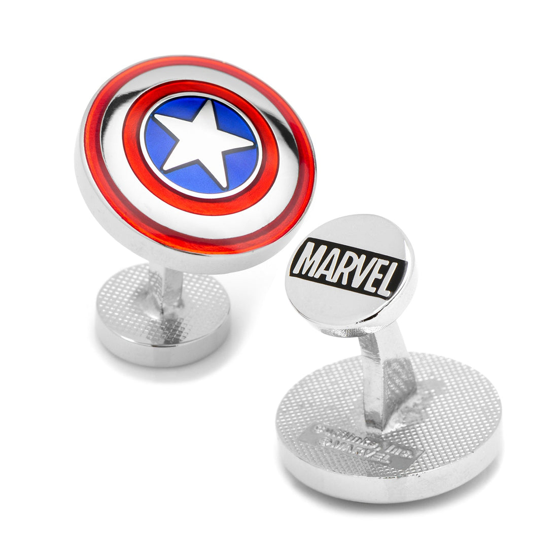 A pair of Marvel Captain America shield cufflinks showing the round shield design with red, white, and blue enamel on a silver-tone base.
