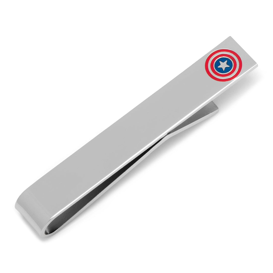 Polished silver tie bar featuring a small colorful Captain America shield emblem on one end.