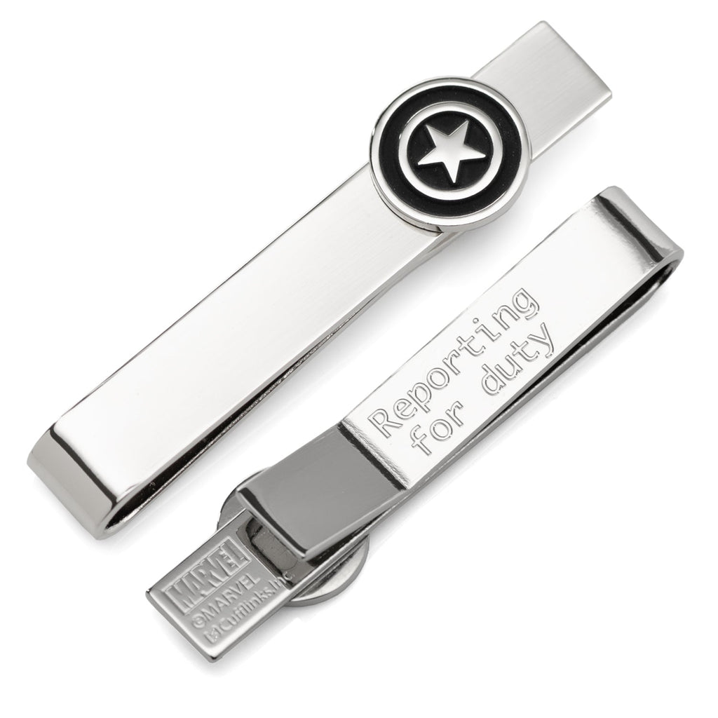 Captain America silver tone tie bar with shield design and engraved hidden message