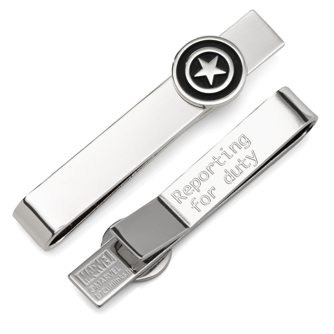 Captain America silver tone tie bar with shield design and engraved hidden message