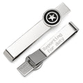 Captain America silver tone tie bar with shield design and engraved hidden message