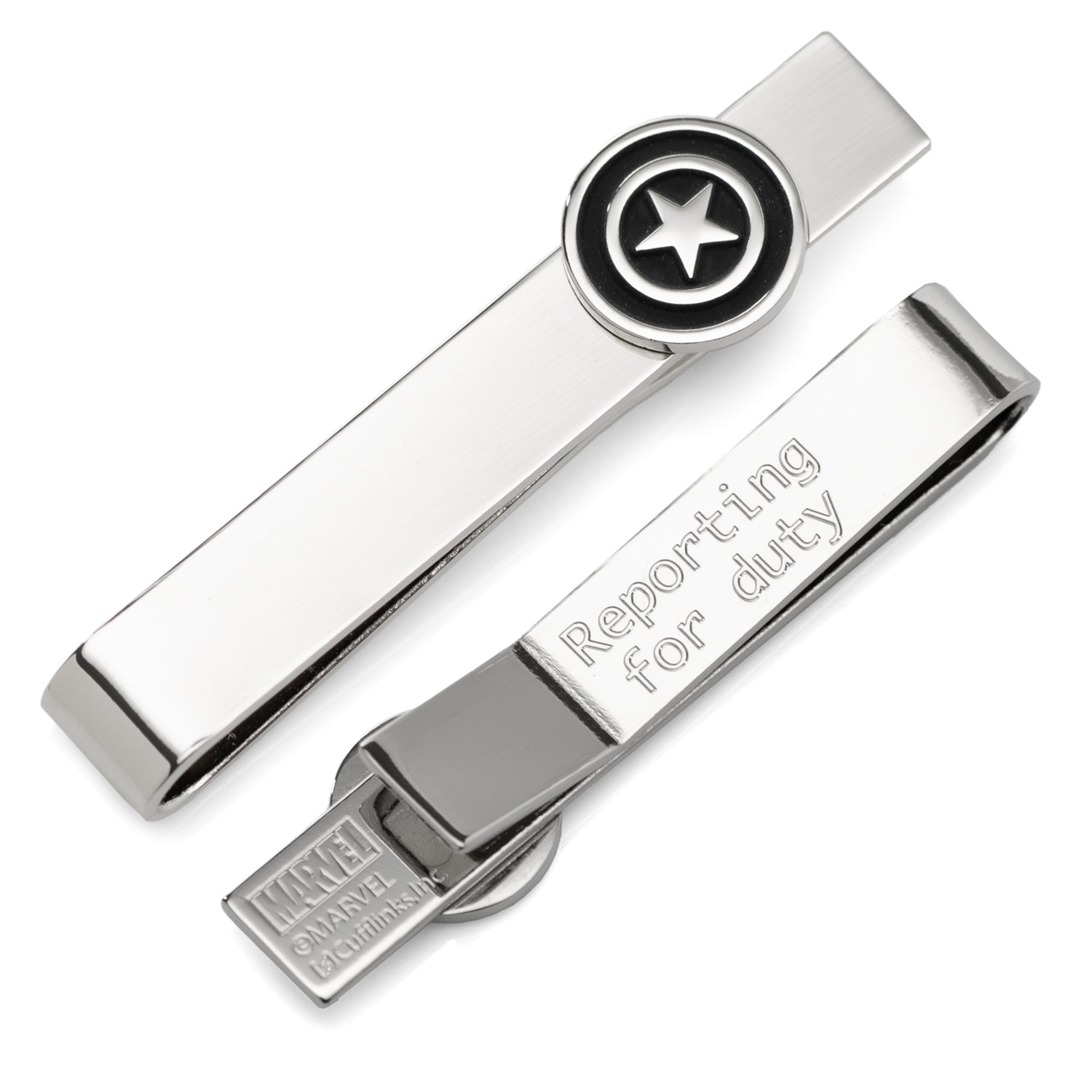Captain America silver tone tie bar with shield design and engraved hidden message