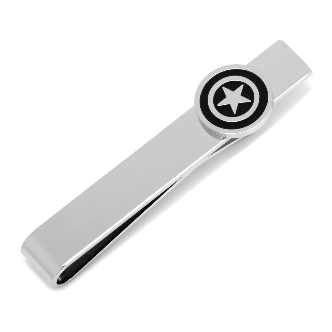 Silver tone tie bar featuring a circular Captain America shield emblem attached to a tie on a dark suit.