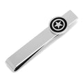 Silver tone tie bar featuring a circular Captain America shield emblem attached to a tie on a dark suit.