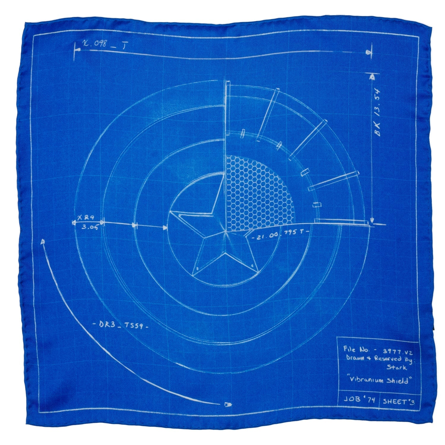 Folded blue pocket square with white Captain America shield blueprint design