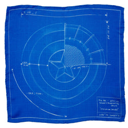 Folded blue pocket square with white Captain America shield blueprint design