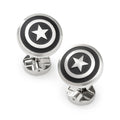 Captain America shield cufflinks in stainless steel with black accents shown from front and back
