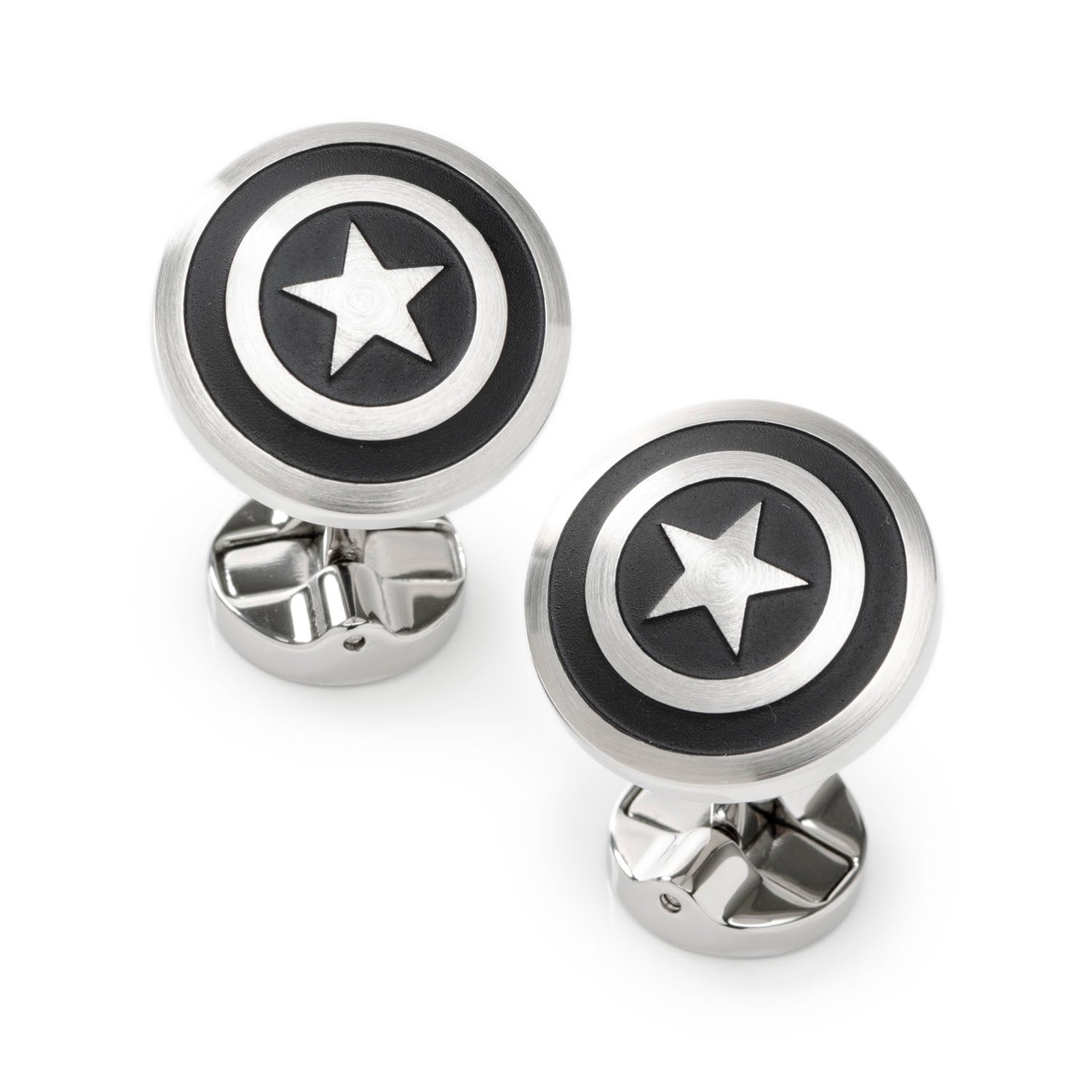 Captain America shield cufflinks in stainless steel with black accents shown from front and back