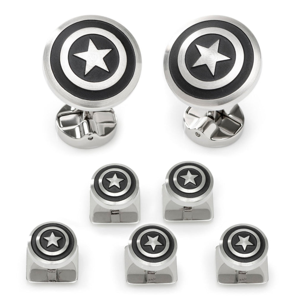 A set consisting of two Captain America shield cufflinks and four matching shirt studs made of stainless steel.