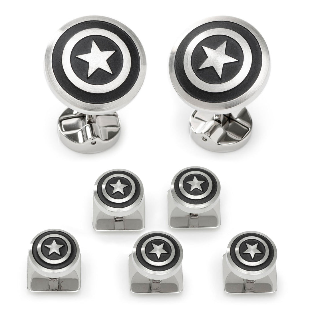 A set consisting of two Captain America shield cufflinks and four matching shirt studs made of stainless steel.