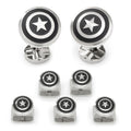 A set consisting of two Captain America shield cufflinks and four matching shirt studs made of stainless steel.