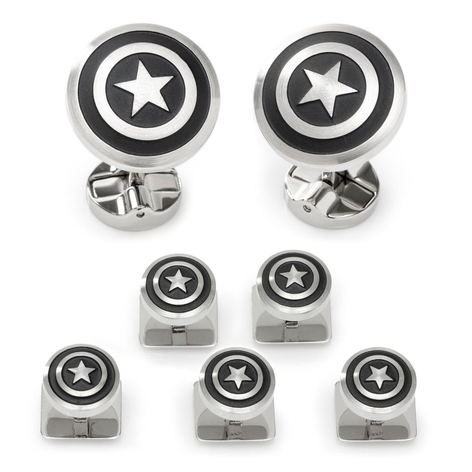 A set consisting of two Captain America shield cufflinks and four matching shirt studs made of stainless steel.
