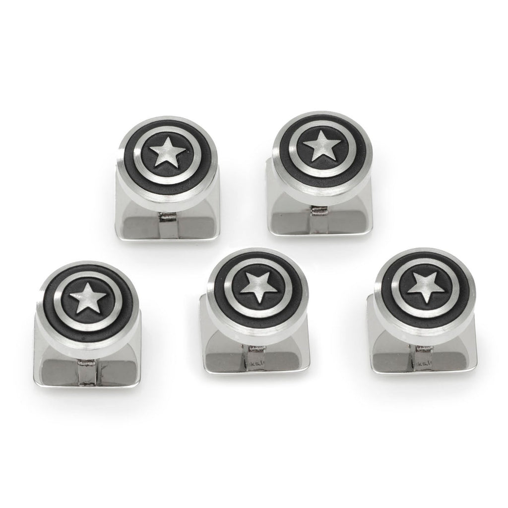 Five Marvel Captain America shield stainless steel button studs arranged on a white surface.