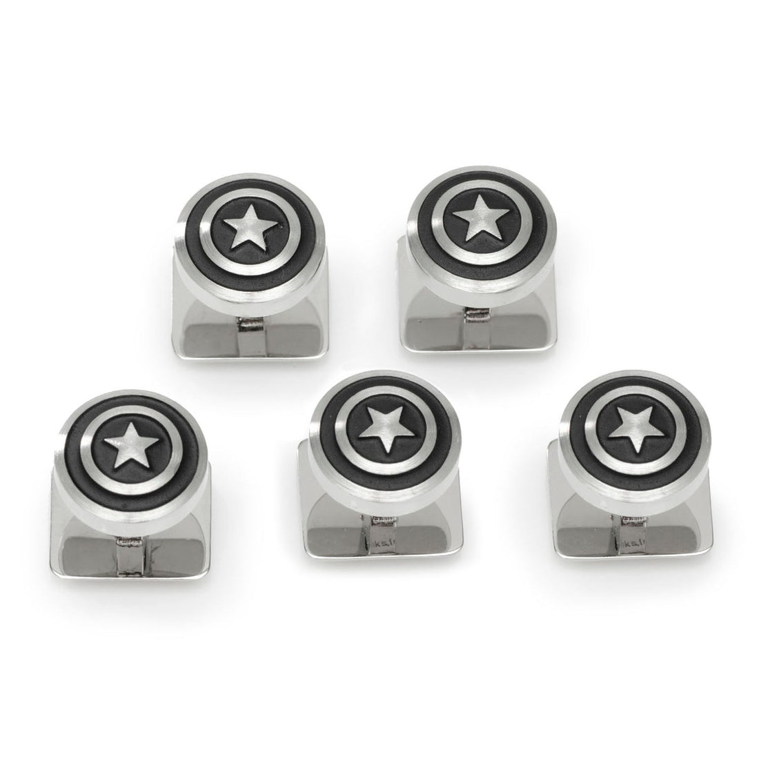 Five Marvel Captain America shield stainless steel button studs arranged on a white surface.